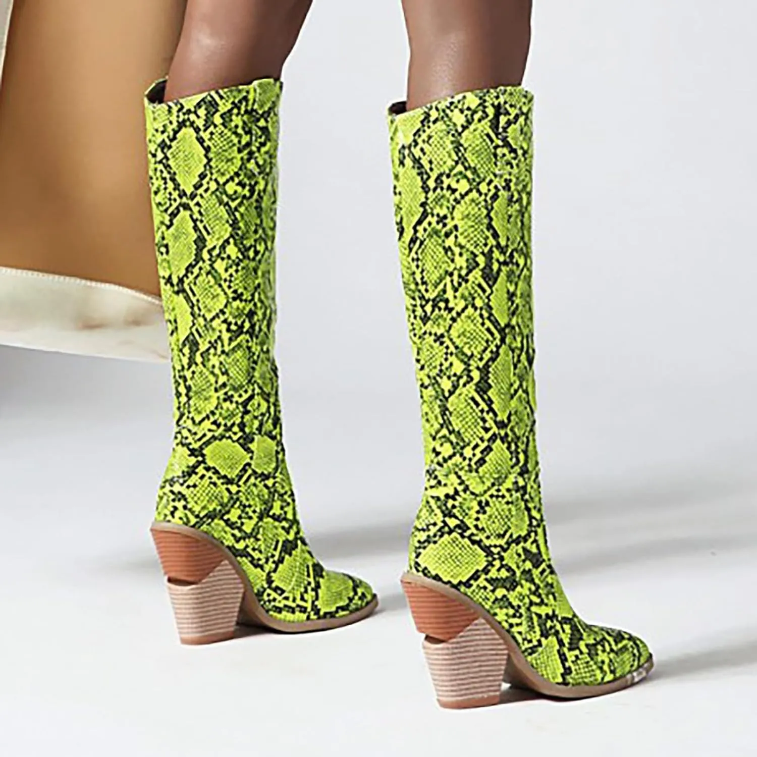 Cathalem Women's Knee High Boots Colorful Snakeskin Boots Round Toe Snake Print Chunky Block High Heel Pull On Boots