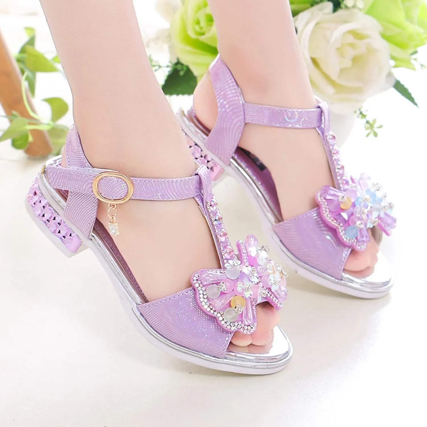 Children Shoes Diamond Butterfly Sandals Summer Fashion Thick Soles Open Toe Student Dance Princess Shoes