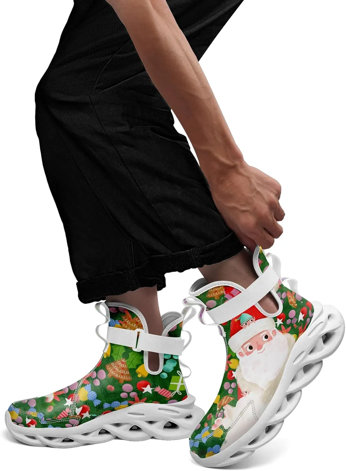 Christmas Santa Claus Print High-Top Sneakers for Women Lightweight Slip-On Round Toe Boot Non-Washable, Suitable All Seasons
