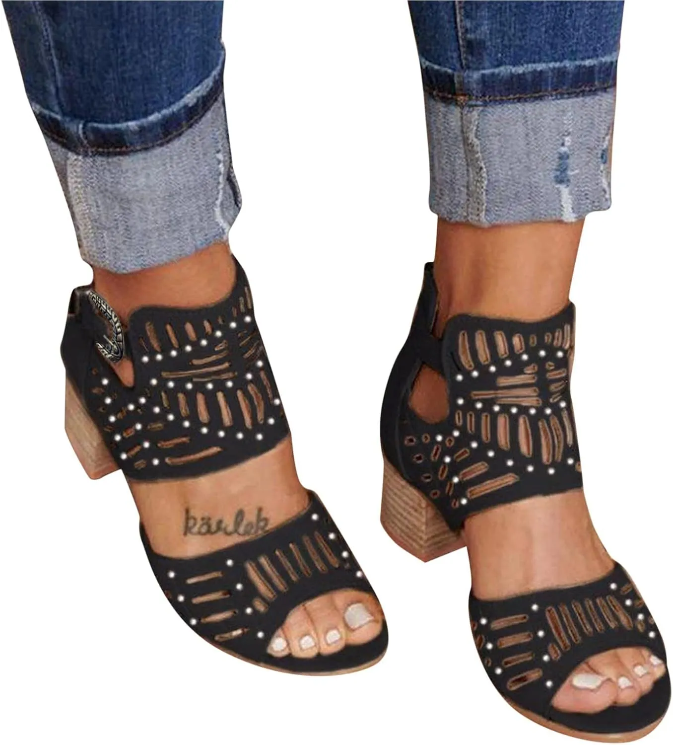 Chunky Heeled Sandals for Women,Peep Toe Adjustable Strap Zipper Hollow Out Block Sandal with Arch Support Ladies Comfortable Cushion Footbed Orthopedic Shoes for Daily Wear Outdoor Indoor