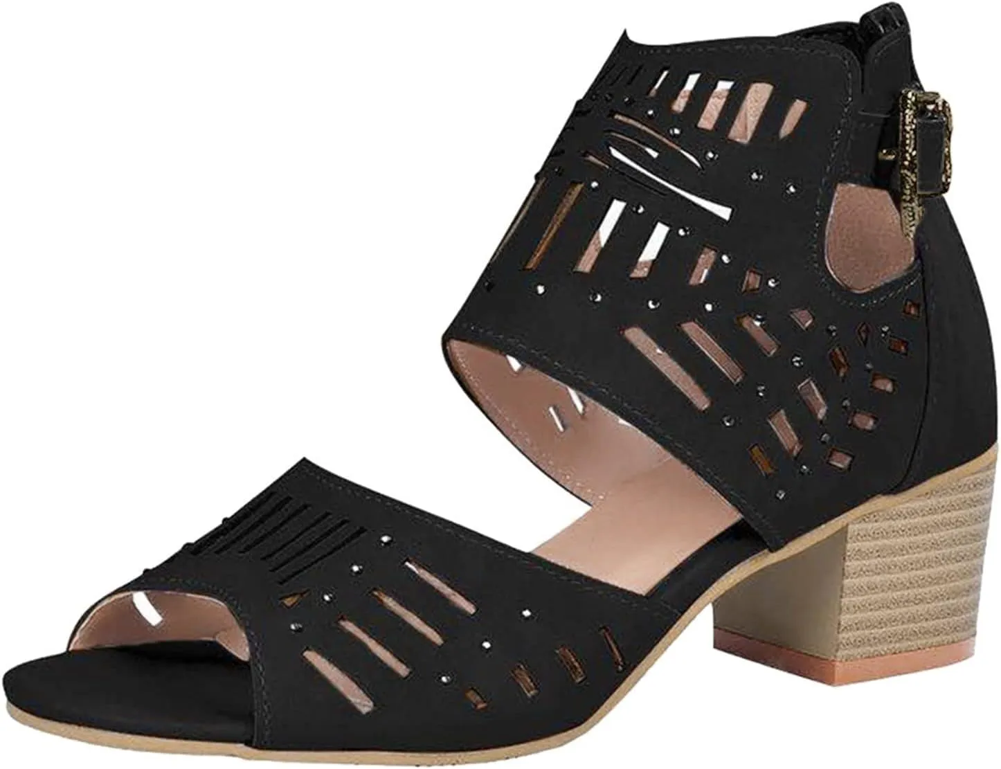 Chunky Heeled Sandals for Women,Peep Toe Adjustable Strap Zipper Hollow Out Block Sandal with Arch Support Ladies Comfortable Cushion Footbed Orthopedic Shoes for Daily Wear Outdoor Indoor