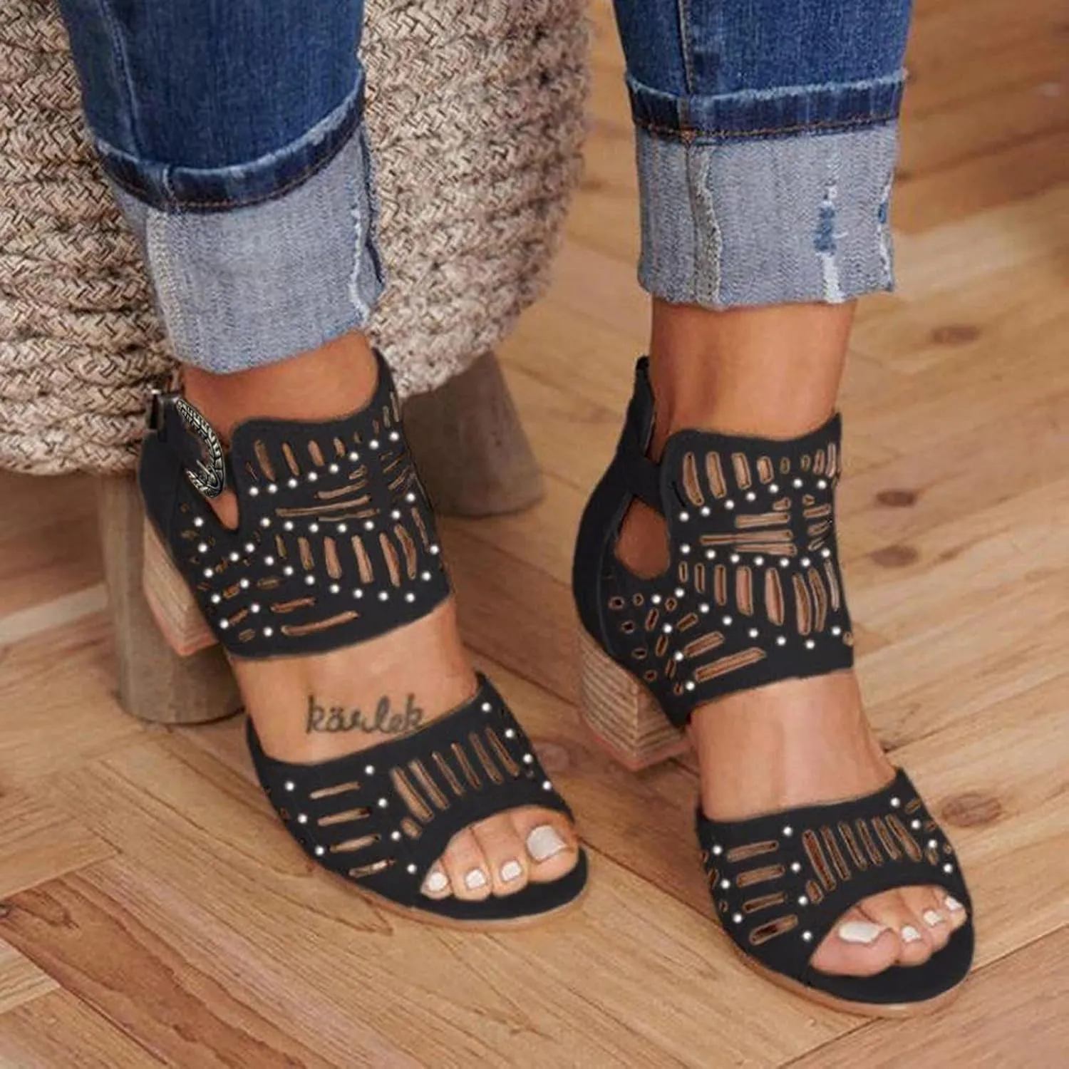 Chunky Heeled Sandals for Women,Peep Toe Adjustable Strap Zipper Hollow Out Block Sandal with Arch Support Ladies Comfortable Cushion Footbed Orthopedic Shoes for Daily Wear Outdoor Indoor