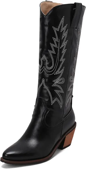 Cowboy Boots for Women, Wide Calf Knee High Cowgirl Boots with Side Zipper and Sparkly Glitter Embroidery, Mid Heel Retro Fashion Tall Cowgirl Boot Pull On for Ladies-Black||40