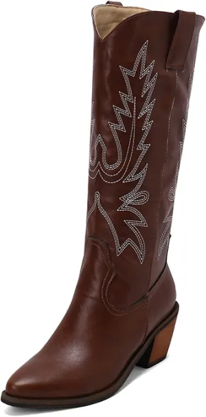 Cowboy Boots for Women, Wide Calf Knee High Cowgirl Boots with Side Zipper and Sparkly Glitter Embroidery, Mid Heel Retro Fashion Tall Cowgirl Boot Pull On for Ladies-Brown||40