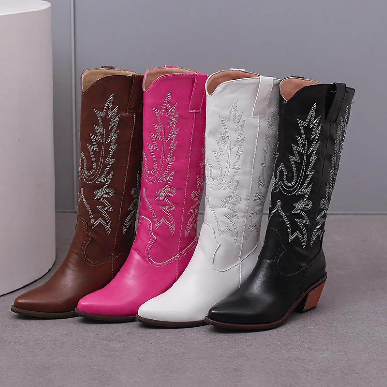Cowboy Boots for Women, Wide Calf Knee High Cowgirl Boots with Side Zipper and Sparkly Glitter Embroidery, Mid Heel Retro Fashion Tall Cowgirl Boot Pull On for Ladies-Brown||40
