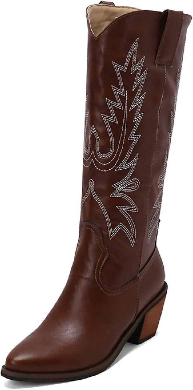 Cowboy Boots for Women, Wide Calf Knee High Cowgirl Boots with Side Zipper and Sparkly Glitter Embroidery, Mid Heel Retro Fashion Tall Cowgirl Boot Pull On for Ladies-Brown||40