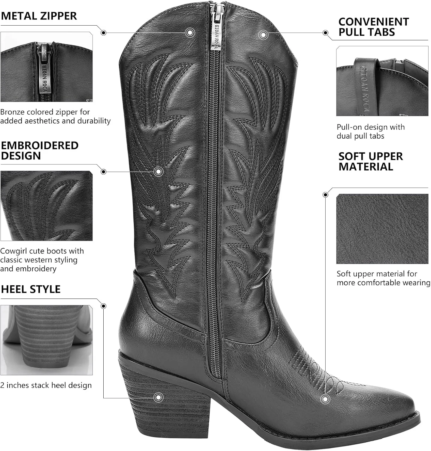 Cowgirl Boot for Women's, Western Retro Classic Mid-Calf Boot Embroidered Pointed Toe Chunky Heel for Ladies Festival Boots