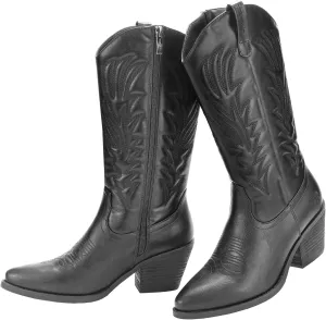 Cowgirl Boot for Women's, Western Retro Classic Mid-Calf Boot Embroidered Pointed Toe Chunky Heel for Ladies Festival Boots