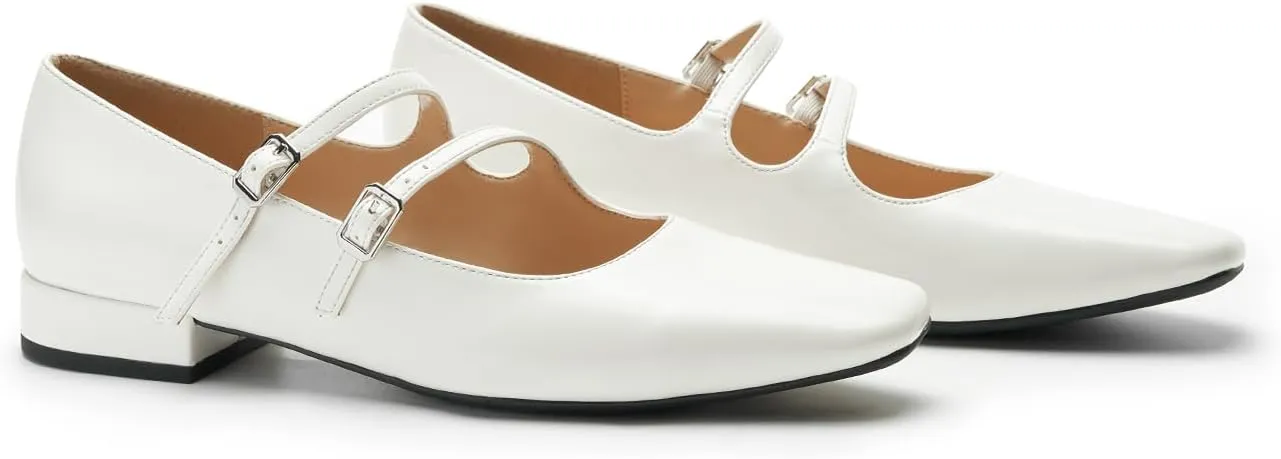 C.Paravano Women's Flats Mary Jane Flats Ballet Flats for Women Square Toe Block Heel Adjustable Straps Flat Fashion Casual Dressy Shoes