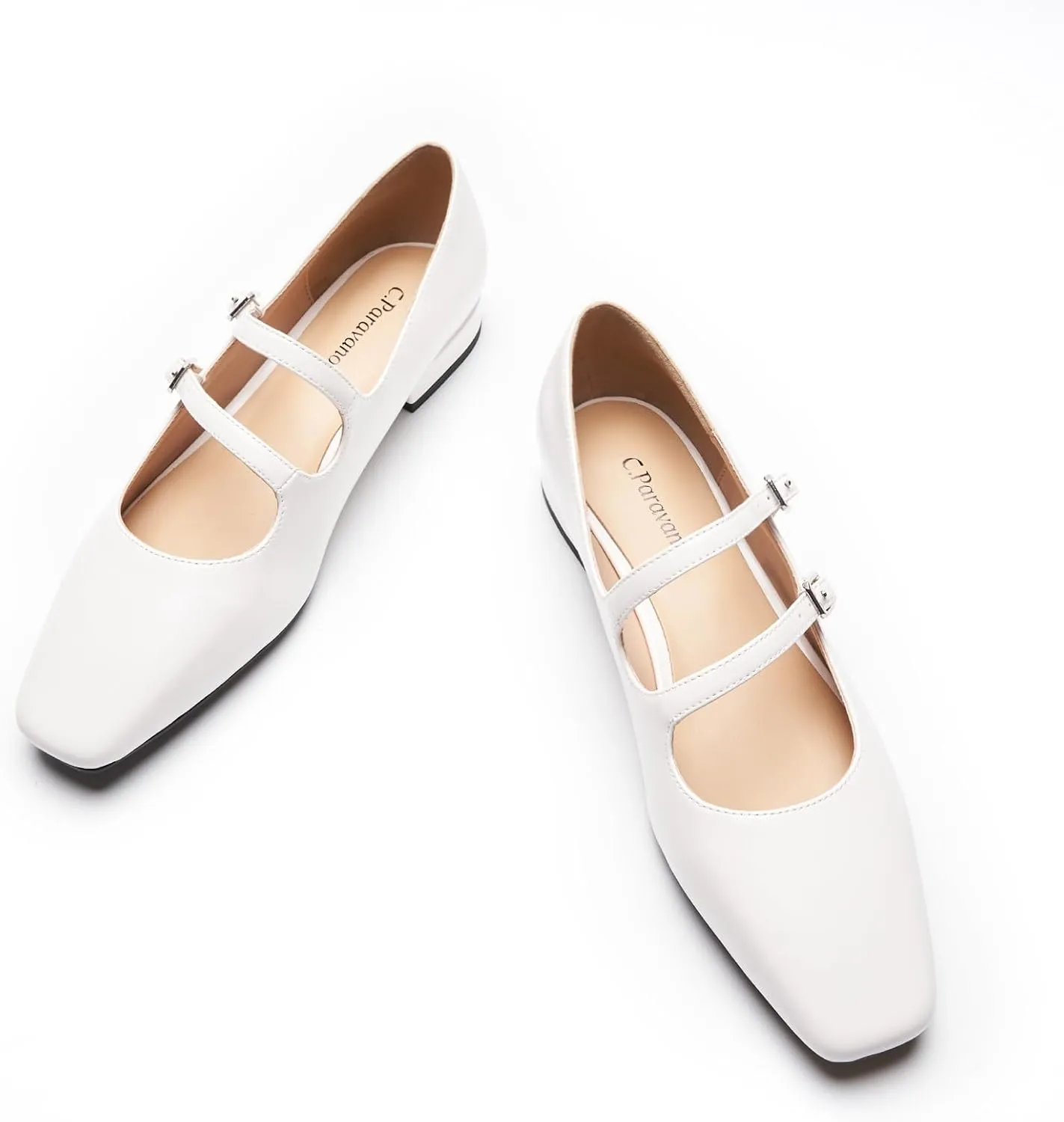 C.Paravano Women's Flats Mary Jane Flats Ballet Flats for Women Square Toe Block Heel Adjustable Straps Flat Fashion Casual Dressy Shoes