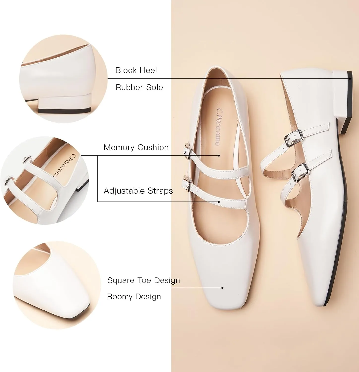 C.Paravano Women's Flats Mary Jane Flats Ballet Flats for Women Square Toe Block Heel Adjustable Straps Flat Fashion Casual Dressy Shoes