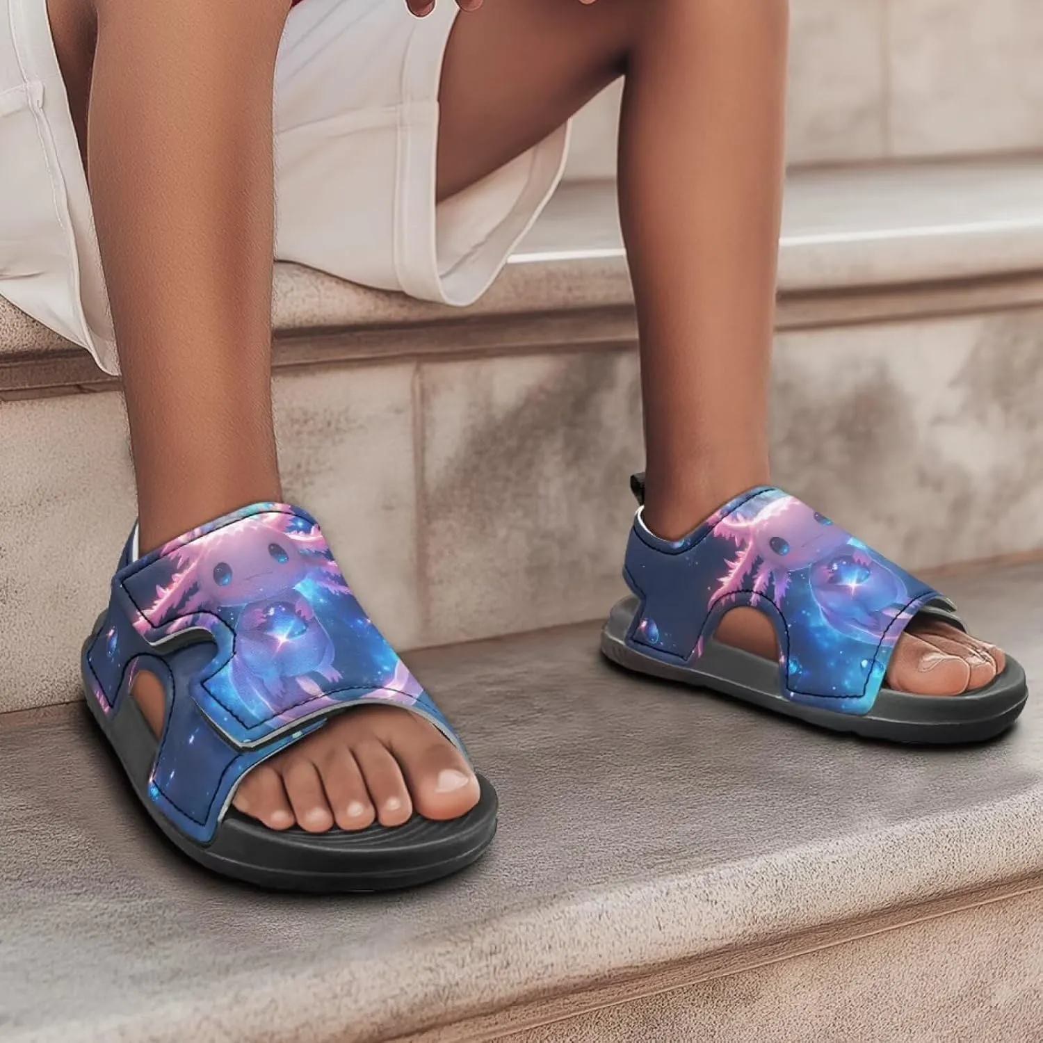 Cute Axolotl Kids Open Toe Slides Girls Boys Slip On Slide Sandals With Adjustable Strap Non-Slip Shower Shoes