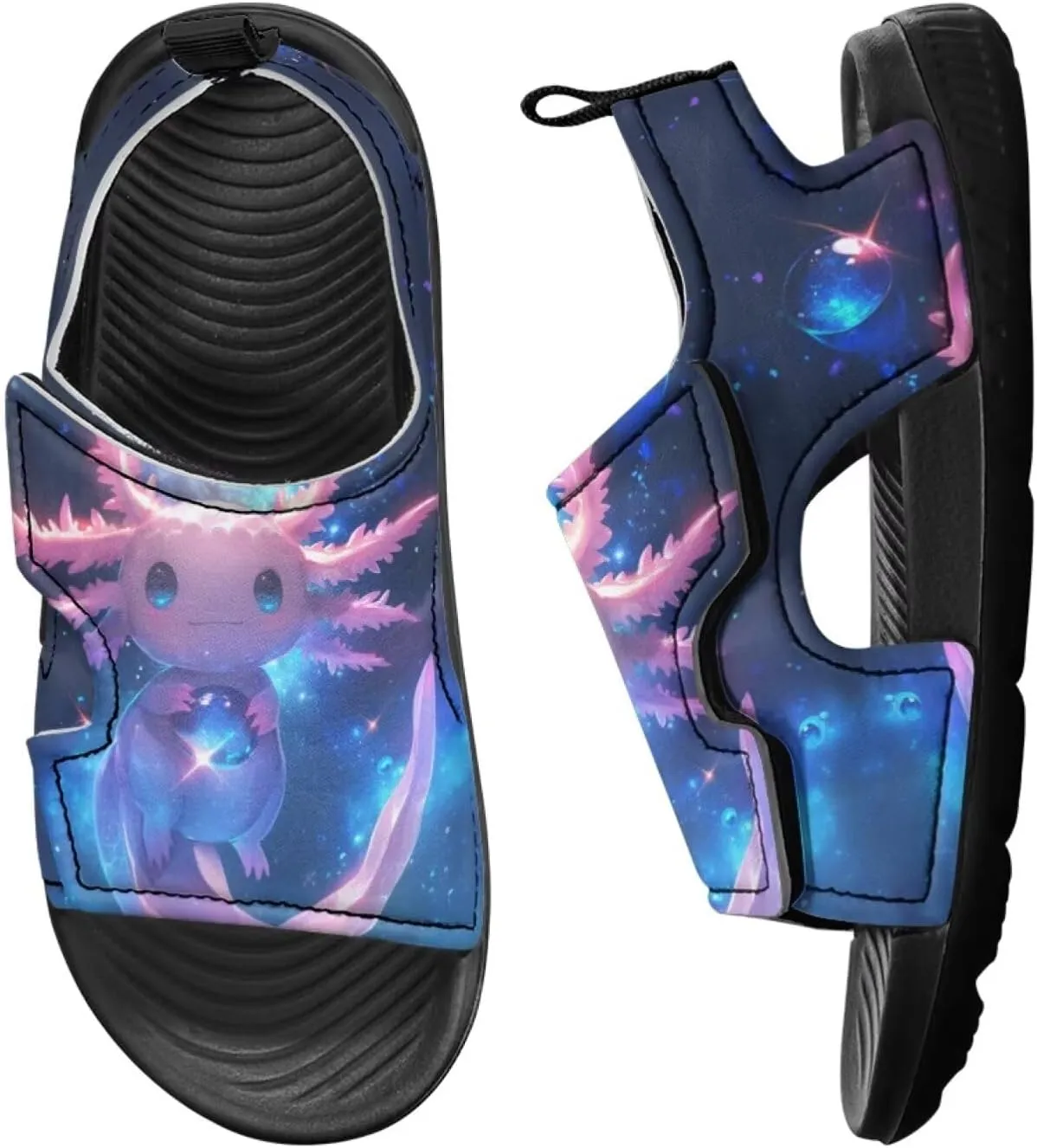 Cute Axolotl Kids Open Toe Slides Girls Boys Slip On Slide Sandals With Adjustable Strap Non-Slip Shower Shoes