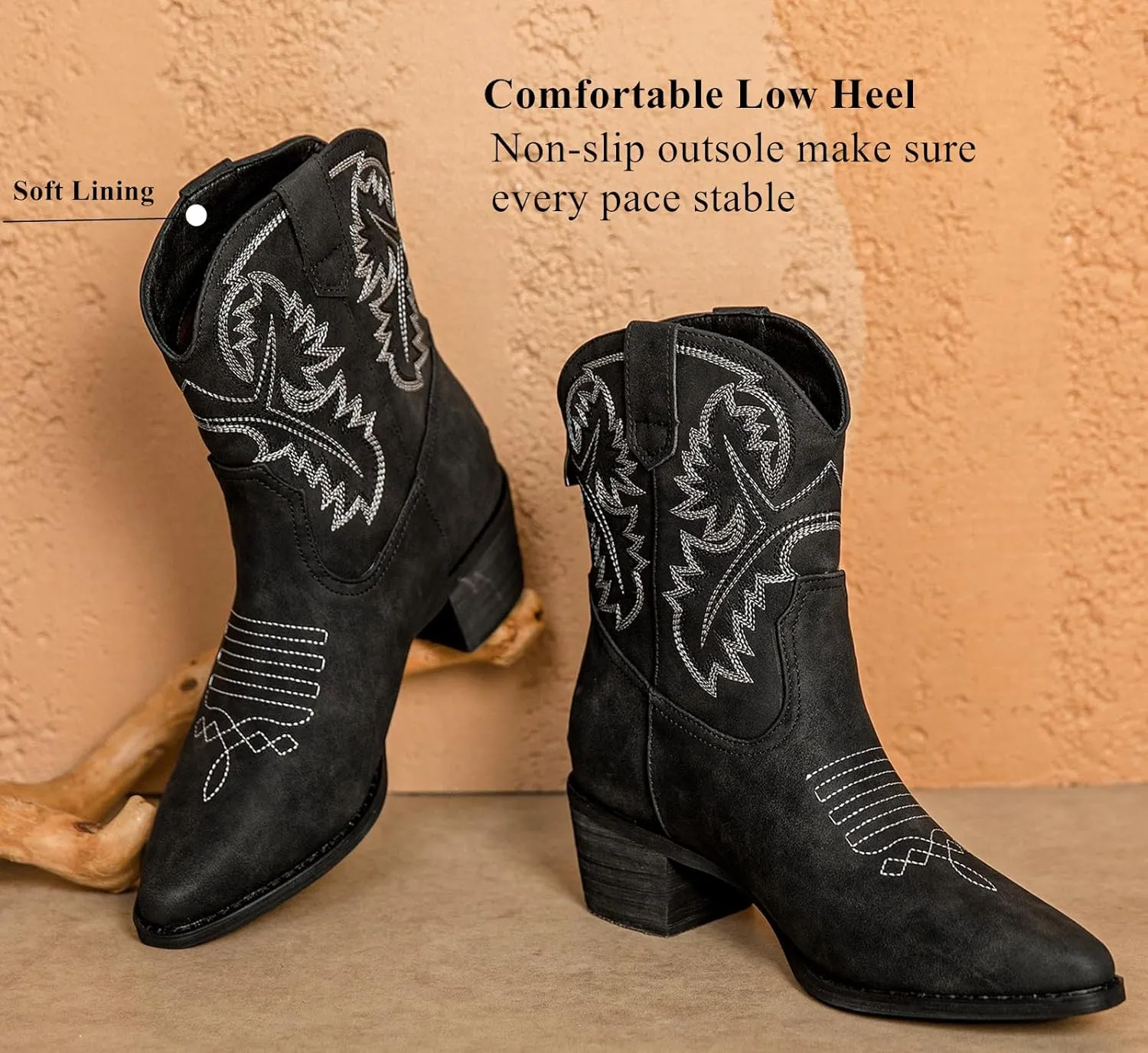 DADAWEN Western Boots For Women Embroidered Pointed Toe Cowgirl Boots Chunky Heel Cowboy Boots Pull On Outdoor Mid Calf Booties