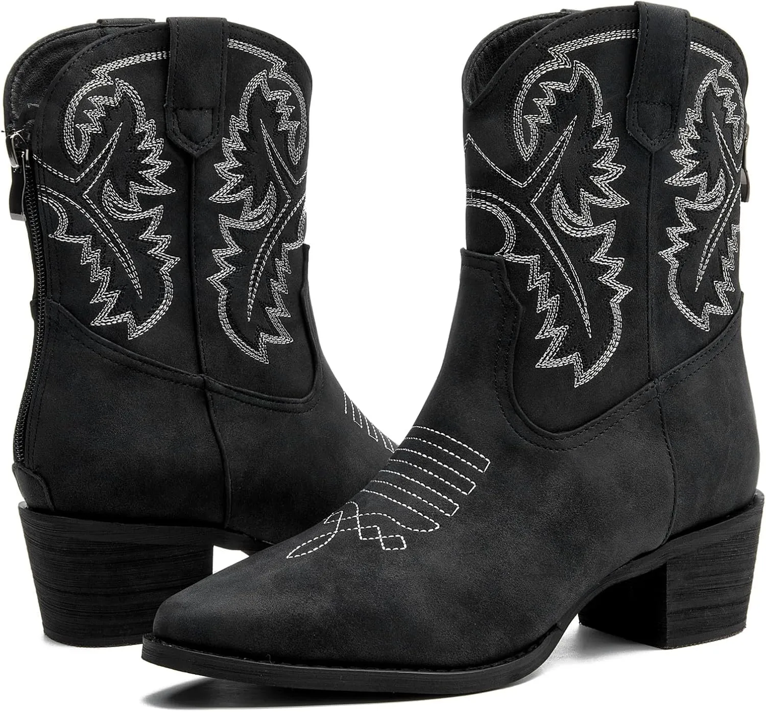 DADAWEN Western Boots For Women Embroidered Pointed Toe Cowgirl Boots Chunky Heel Cowboy Boots Pull On Outdoor Mid Calf Booties