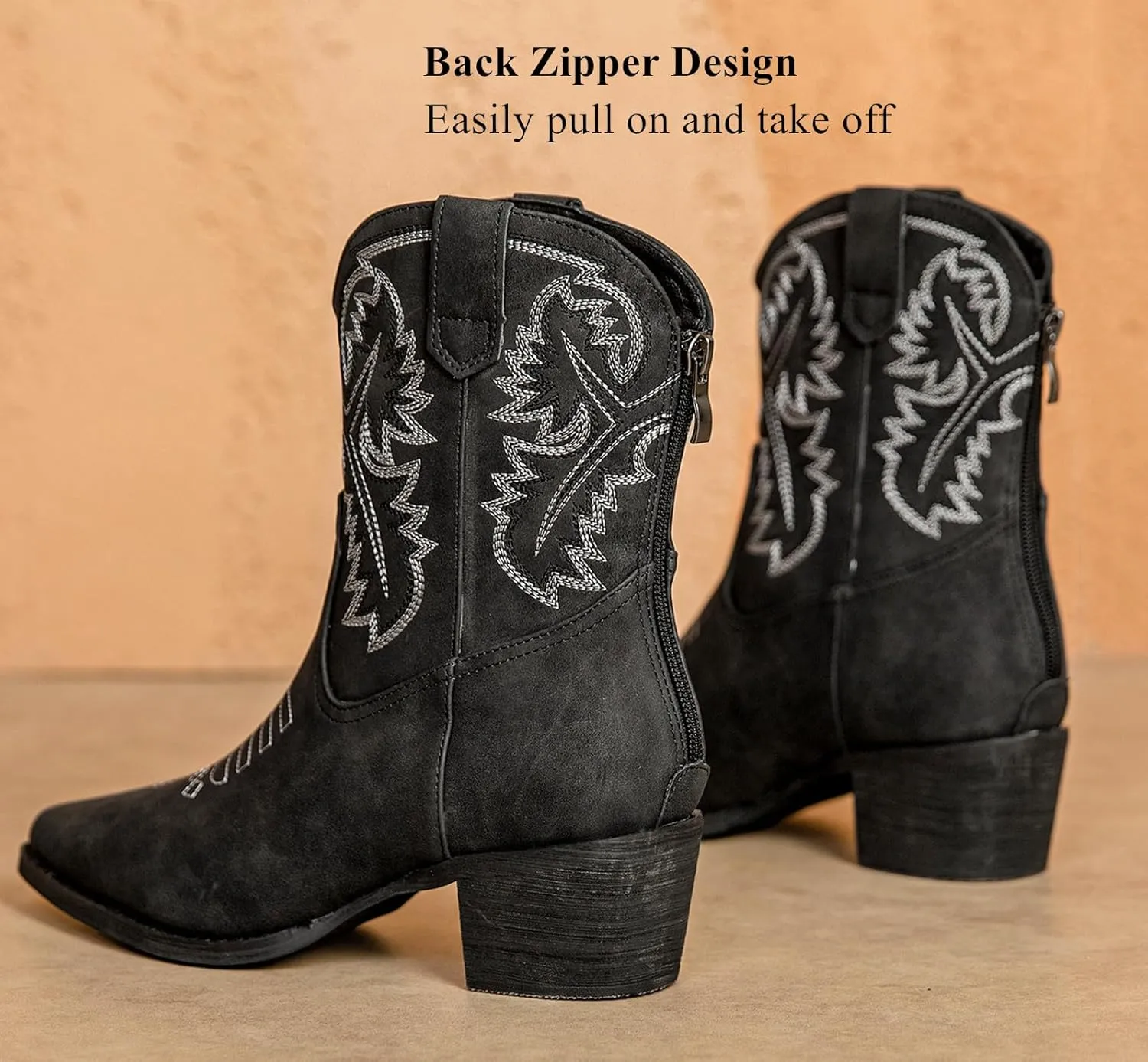 DADAWEN Western Boots For Women Embroidered Pointed Toe Cowgirl Boots Chunky Heel Cowboy Boots Pull On Outdoor Mid Calf Booties