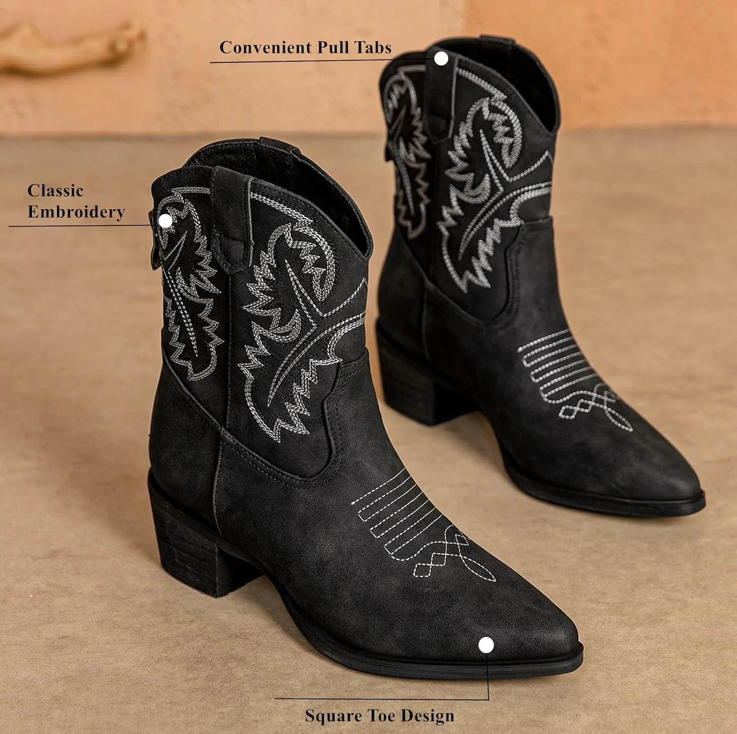 DADAWEN Western Boots For Women Embroidered Pointed Toe Cowgirl Boots Chunky Heel Cowboy Boots Pull On Outdoor Mid Calf Booties