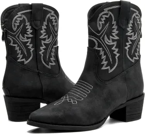 DADAWEN Western Boots For Women Embroidered Pointed Toe Cowgirl Boots Chunky Heel Cowboy Boots Pull On Outdoor Mid Calf Booties