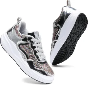 DADAWEN Women's Glitter Platform Wedge Athletic Tennis Walking Shoes Sparkly Sequin Lightweight Non Slip Casual Comfort Fashion Sneakers (Size:US5-US12)