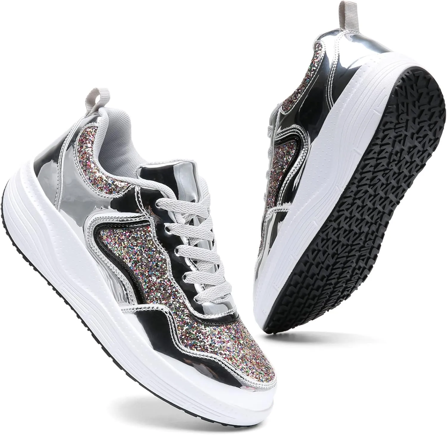 DADAWEN Women's Glitter Platform Wedge Athletic Tennis Walking Shoes Sparkly Sequin Lightweight Non Slip Casual Comfort Fashion Sneakers (Size:US5-US12)