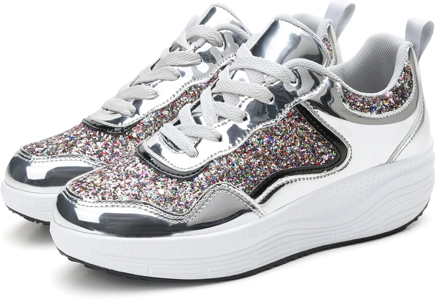 DADAWEN Women's Glitter Platform Wedge Athletic Tennis Walking Shoes Sparkly Sequin Lightweight Non Slip Casual Comfort Fashion Sneakers (Size:US5-US12)