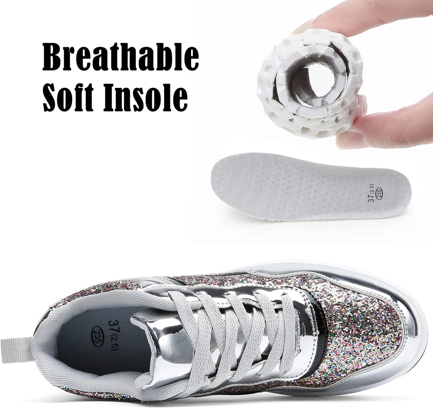 DADAWEN Women's Glitter Platform Wedge Athletic Tennis Walking Shoes Sparkly Sequin Lightweight Non Slip Casual Comfort Fashion Sneakers (Size:US5-US12)
