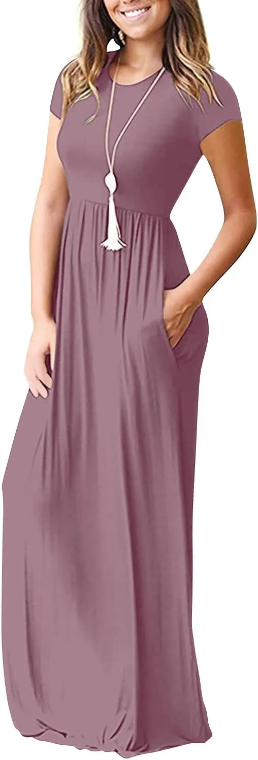 DEARCASE Maxi Dress for Women Short Sleeve Casual Summer Loose Plain Comfy Long Dresses with Pockets