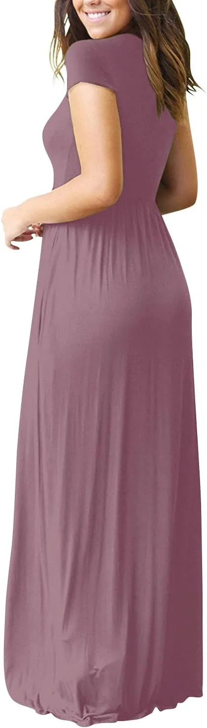 DEARCASE Maxi Dress for Women Short Sleeve Casual Summer Loose Plain Comfy Long Dresses with Pockets