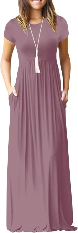 DEARCASE Maxi Dress for Women Short Sleeve Casual Summer Loose Plain Comfy Long Dresses with Pockets
