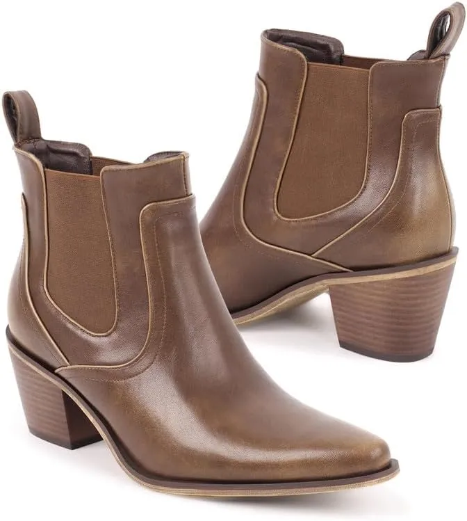 dollkiss Women's Pointed Toe Ankle Boots Block Heel Chelsea Cowboy Booties