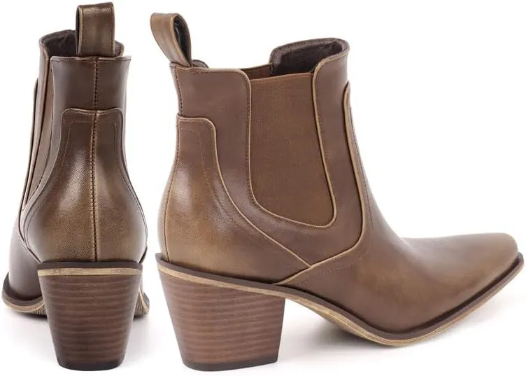 dollkiss Women's Pointed Toe Ankle Boots Block Heel Chelsea Cowboy Booties