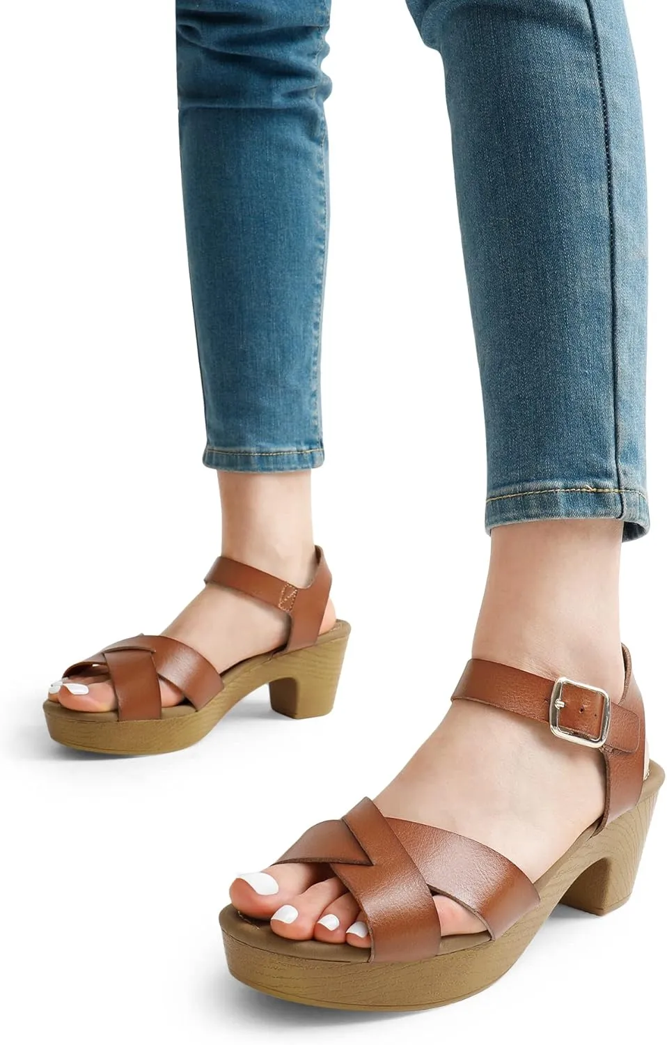 DREAM PAIRS Women's Platform Chunky Heels Faux Wood Block Heels Cute Open Toe Ankle Strap Crisscross Mid Heels Wedding Party Dance Pump Sandals Shoes