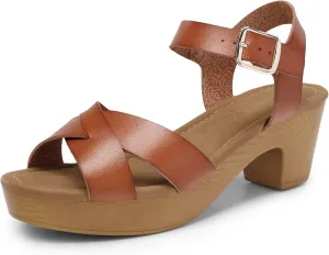 DREAM PAIRS Women's Platform Chunky Heels Faux Wood Block Heels Cute Open Toe Ankle Strap Crisscross Mid Heels Wedding Party Dance Pump Sandals Shoes