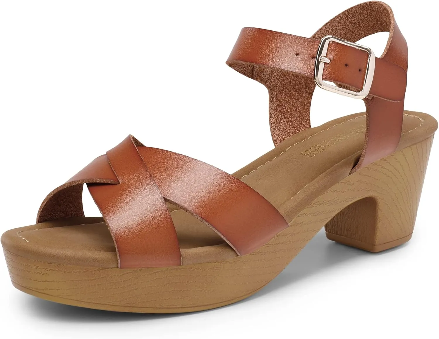 DREAM PAIRS Women's Platform Chunky Heels Faux Wood Block Heels Cute Open Toe Ankle Strap Crisscross Mid Heels Wedding Party Dance Pump Sandals Shoes