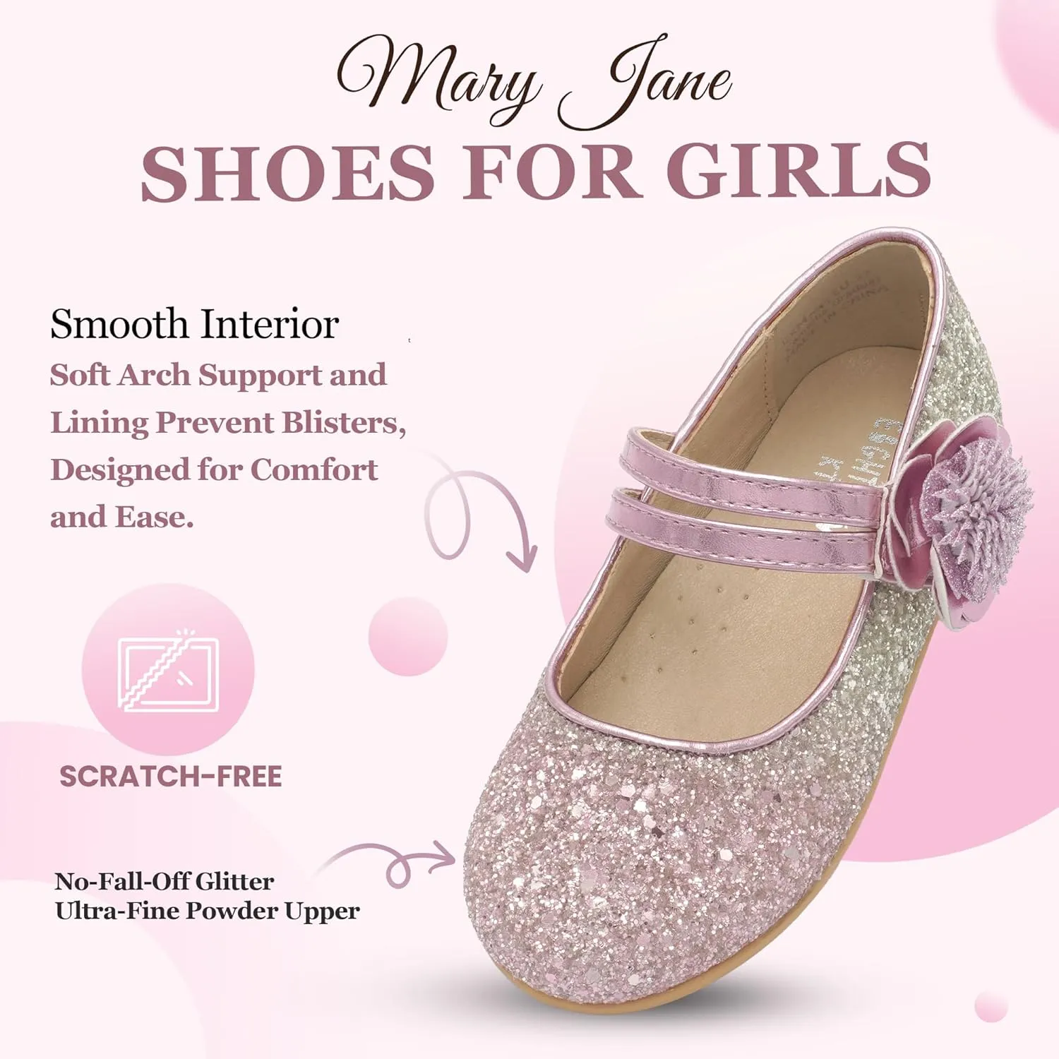 EIGHT KM Toddler Girls Dress Shoes – Girls Mary Jane Shoes | Mary Jane Flats - Ballet Flats – Party, Flower Girl, Wedding Dress Shoes for Girls – Comfortable & Non-Slip Design for Ages up to 7