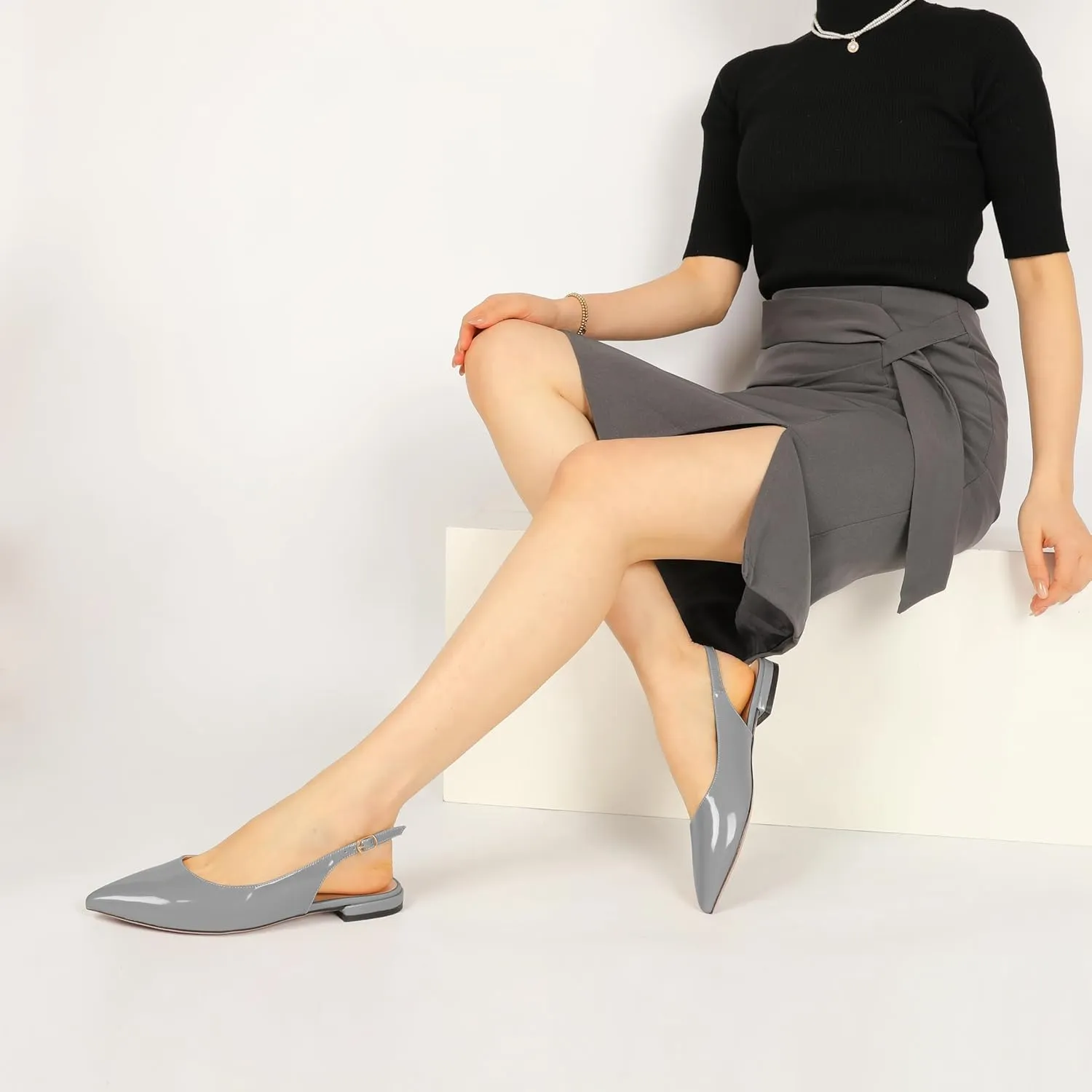 Eldof Women Low Heels Pointed Closed Toe Slingback Flats Ankle Straps Pumps Classic Dressy Elegant Shoes 1 Inch