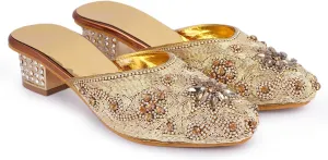 Elegant Handmade Women’s Embroidered Heels – Traditional Indian Ethnic Bridal Sandals with Beaded Zari Work, Comfortable Slip-On Block Heels for Wedding, Party & Festive Wear