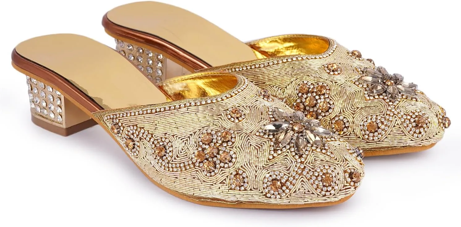 Elegant Handmade Women’s Embroidered Heels – Traditional Indian Ethnic Bridal Sandals with Beaded Zari Work, Comfortable Slip-On Block Heels for Wedding, Party & Festive Wear