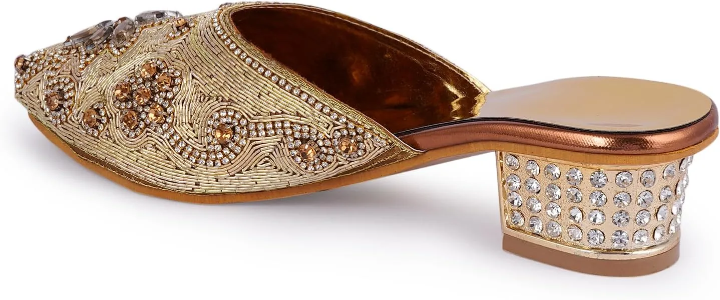 Elegant Handmade Women’s Embroidered Heels – Traditional Indian Ethnic Bridal Sandals with Beaded Zari Work, Comfortable Slip-On Block Heels for Wedding, Party & Festive Wear