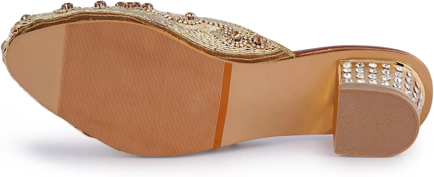 Elegant Handmade Women’s Embroidered Heels – Traditional Indian Ethnic Bridal Sandals with Beaded Zari Work, Comfortable Slip-On Block Heels for Wedding, Party & Festive Wear