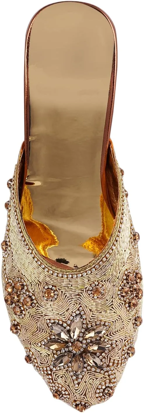 Elegant Handmade Women’s Embroidered Heels – Traditional Indian Ethnic Bridal Sandals with Beaded Zari Work, Comfortable Slip-On Block Heels for Wedding, Party & Festive Wear