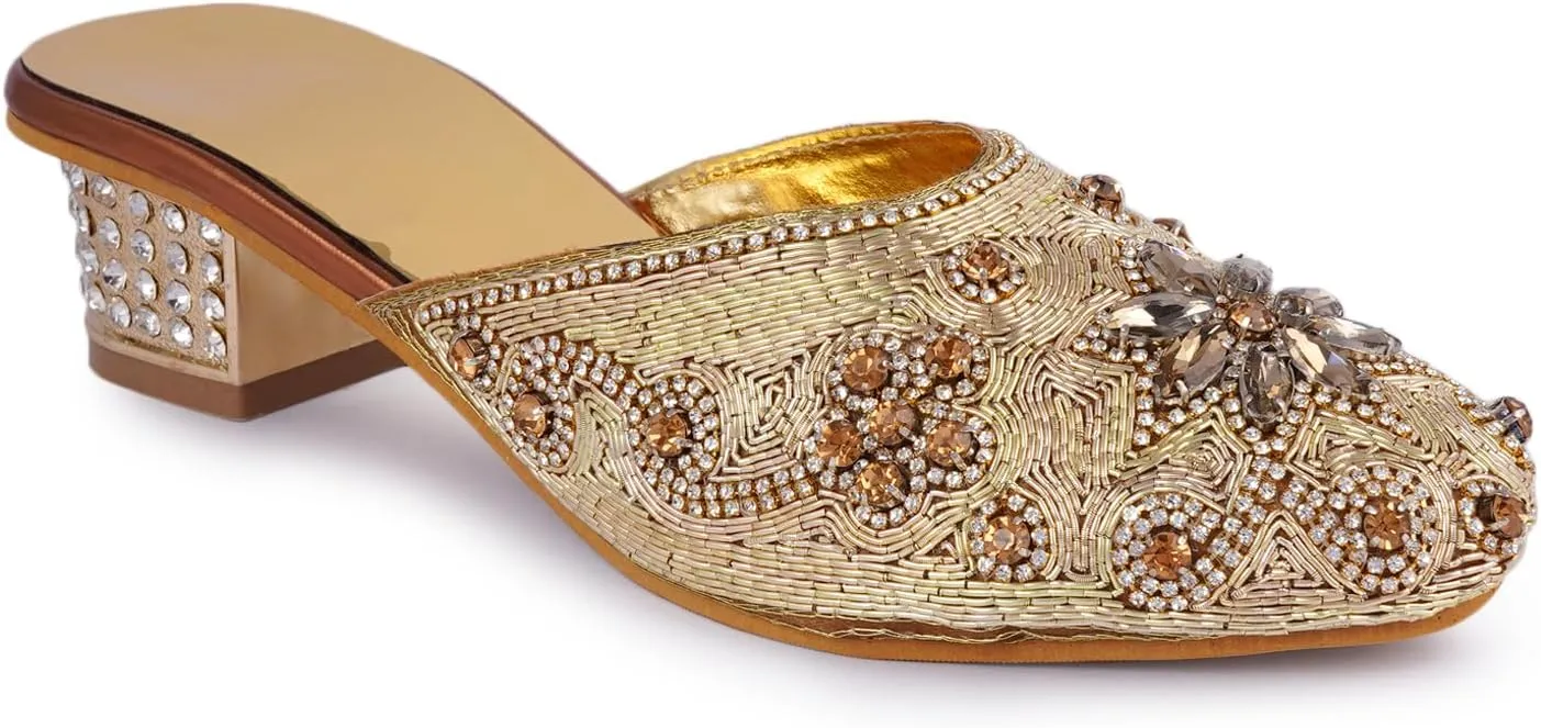 Elegant Handmade Women’s Embroidered Heels – Traditional Indian Ethnic Bridal Sandals with Beaded Zari Work, Comfortable Slip-On Block Heels for Wedding, Party & Festive Wear