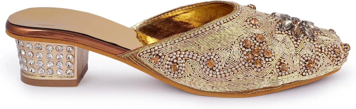 Elegant Handmade Women’s Embroidered Heels – Traditional Indian Ethnic Bridal Sandals with Beaded Zari Work, Comfortable Slip-On Block Heels for Wedding, Party & Festive Wear