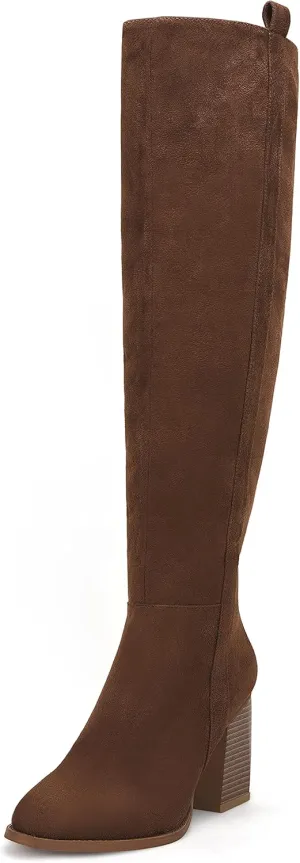 Ermonn Womens Faux Suede Knee High Side Zipper Chunky Heel Stretch Winter Boots