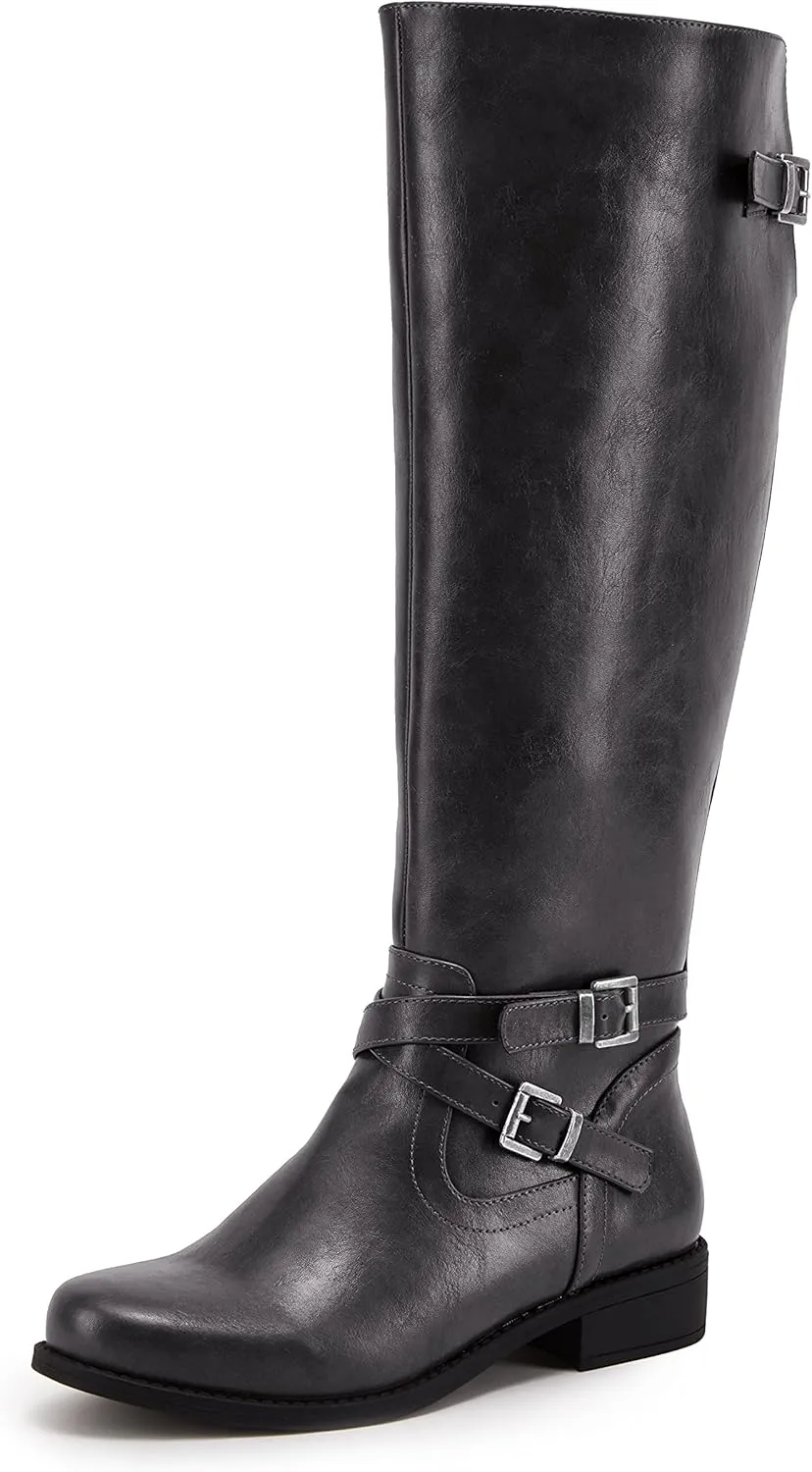 Ermonn Womens Knee High Boots Wide Calf Flat Low Heel Side Zipper Faux Leather Fashion Winter Riding Boot