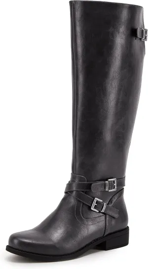 Ermonn Womens Knee High Boots Wide Calf Flat Low Heel Side Zipper Faux Leather Fashion Winter Riding Boot