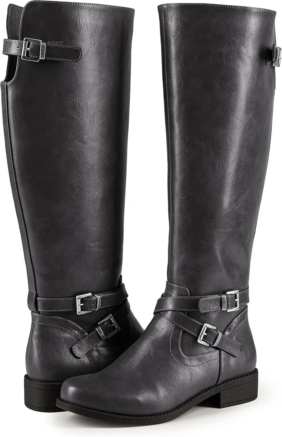 Ermonn Womens Knee High Boots Wide Calf Flat Low Heel Side Zipper Faux Leather Fashion Winter Riding Boot