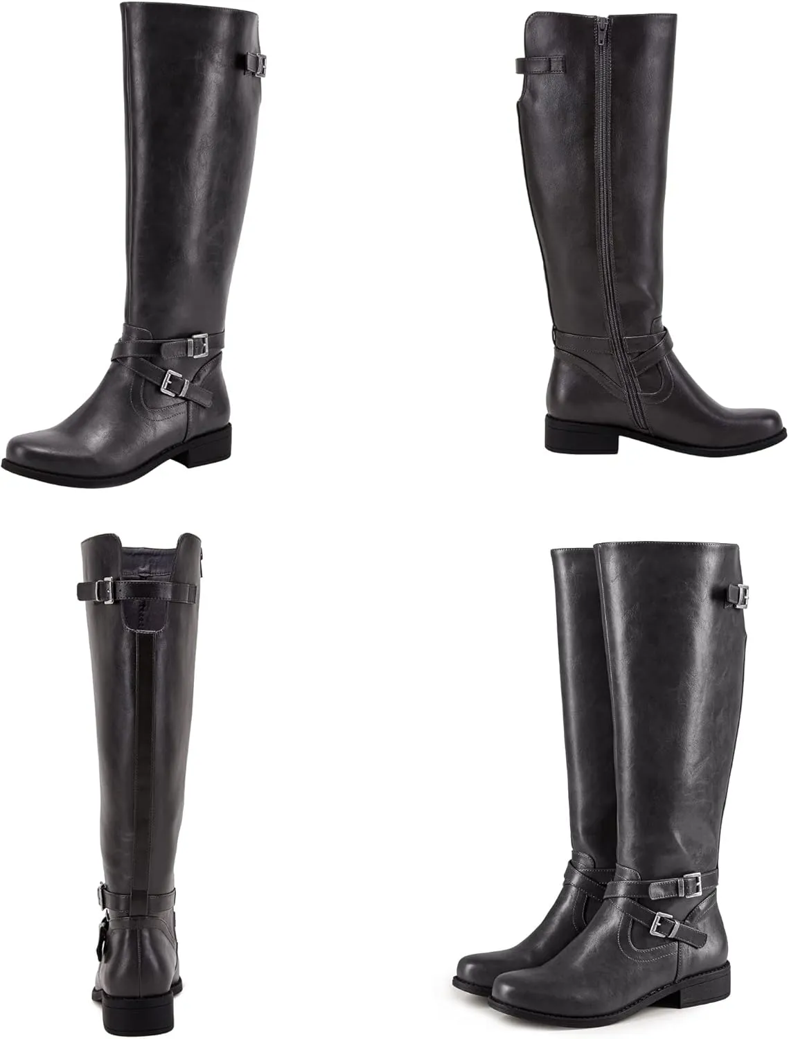 Ermonn Womens Knee High Boots Wide Calf Flat Low Heel Side Zipper Faux Leather Fashion Winter Riding Boot