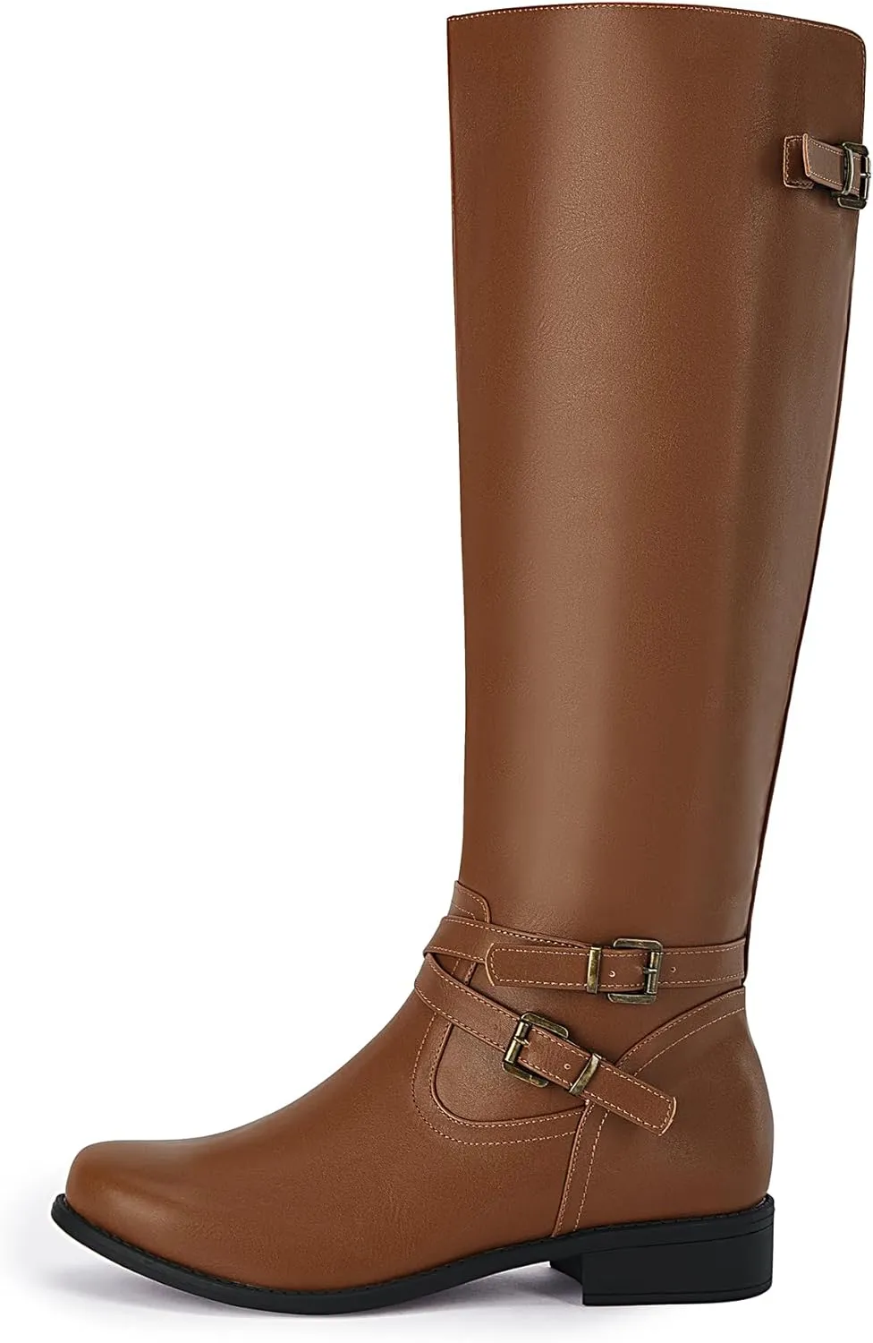 Ermonn Womens Knee High Boots Wide Calf Flat Low Heel Side Zipper Faux Leather Fashion Winter Riding Boot