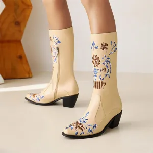 FFZSQ Women's Traditional Middle Boots Retro Western Cowboy Boots Embroidered Riding Boots with Block Heel Women PU Leather Shoes Winter Outdoor Desert Boots